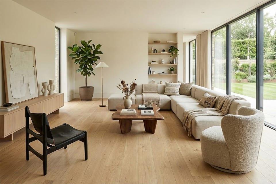 Salon chaleureux avec parquet contrecollé en chêne naturel