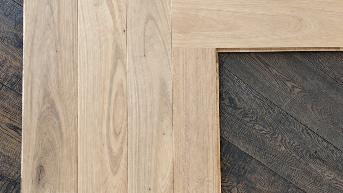 parquet contrecollé chêne bâton rompu aspect bois brut verni mat déclassé 130x14x725