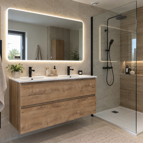 Ensemble Meuble Carmen 120x45cm + Miroir LED Lisse Coins Arrondis 120x70cm